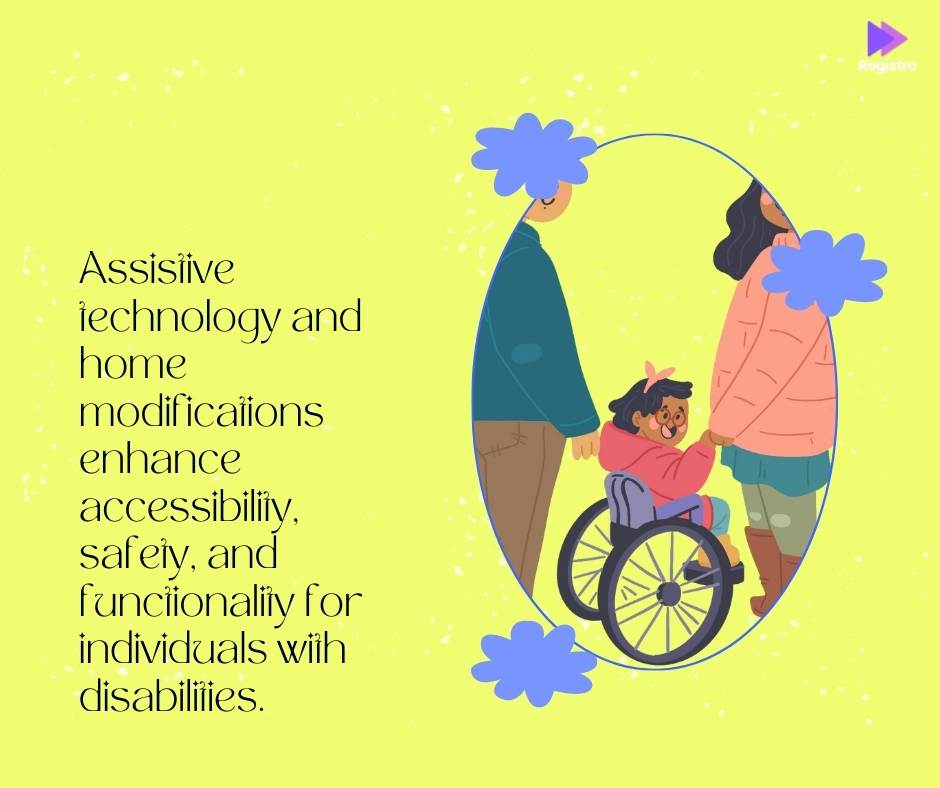 Assistive technology and home modifications enhance accessibility, safety, and functionality for individuals with disabilities.